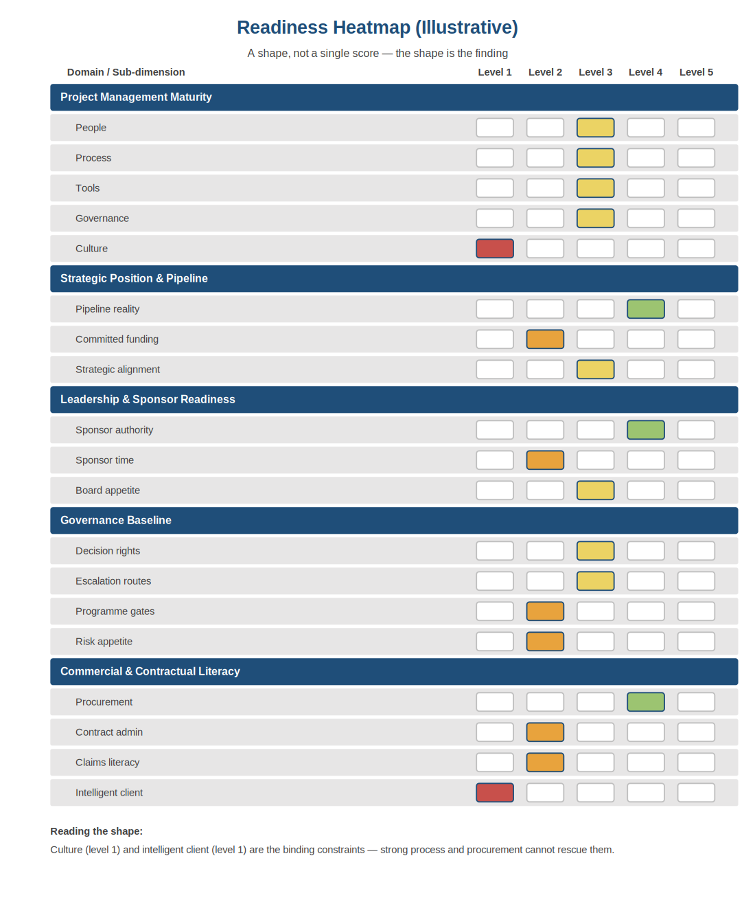 An illustrative readiness heatmap across the five domains and their sub-dimensions.